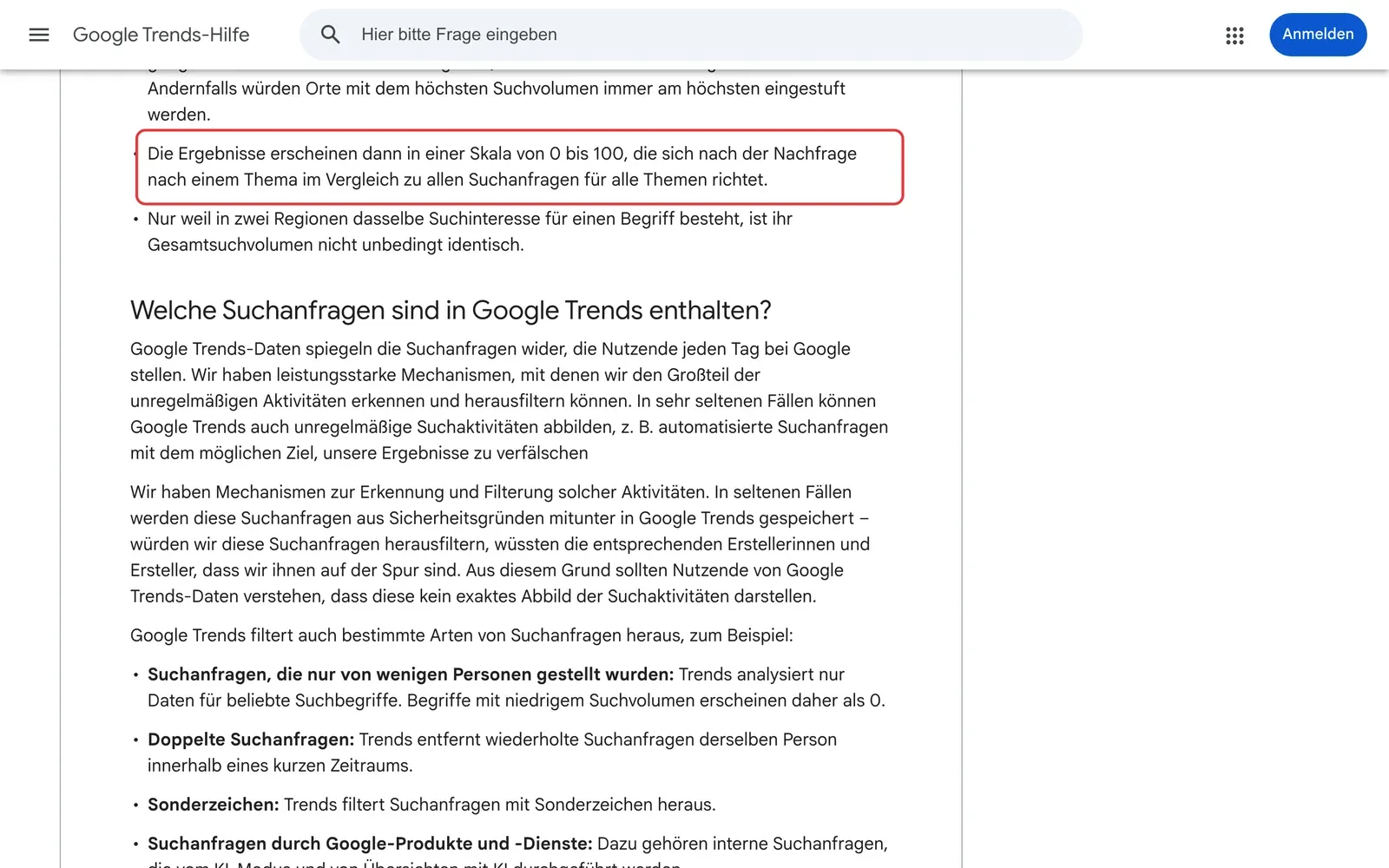 Google Trends-Hilfe, Häufig gestellte Fragen zu Google Trends-Daten: der Satz, dass die Ergebnisse in einer Skala von 0 bis 100 erscheinen, die sich nach der Nachfrage im Vergleich zu allen Suchanfragen richtet, ist rot umrahmt