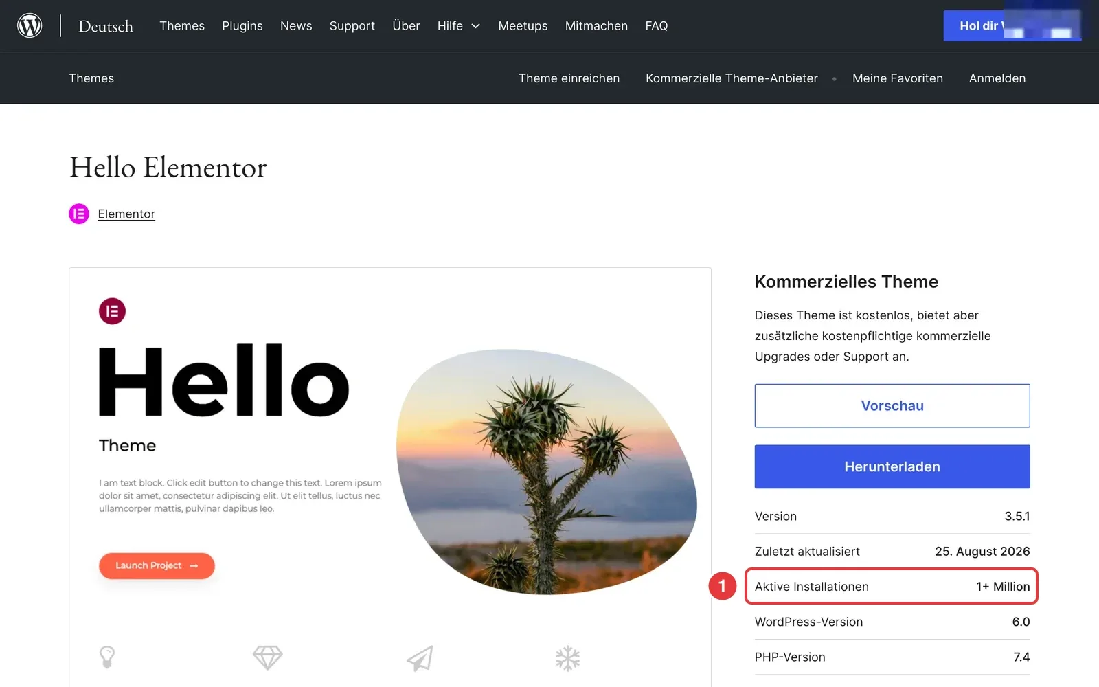 Hello Elementor im WordPress-Theme-Verzeichnis mit markierter Zahl aktiver Installationen