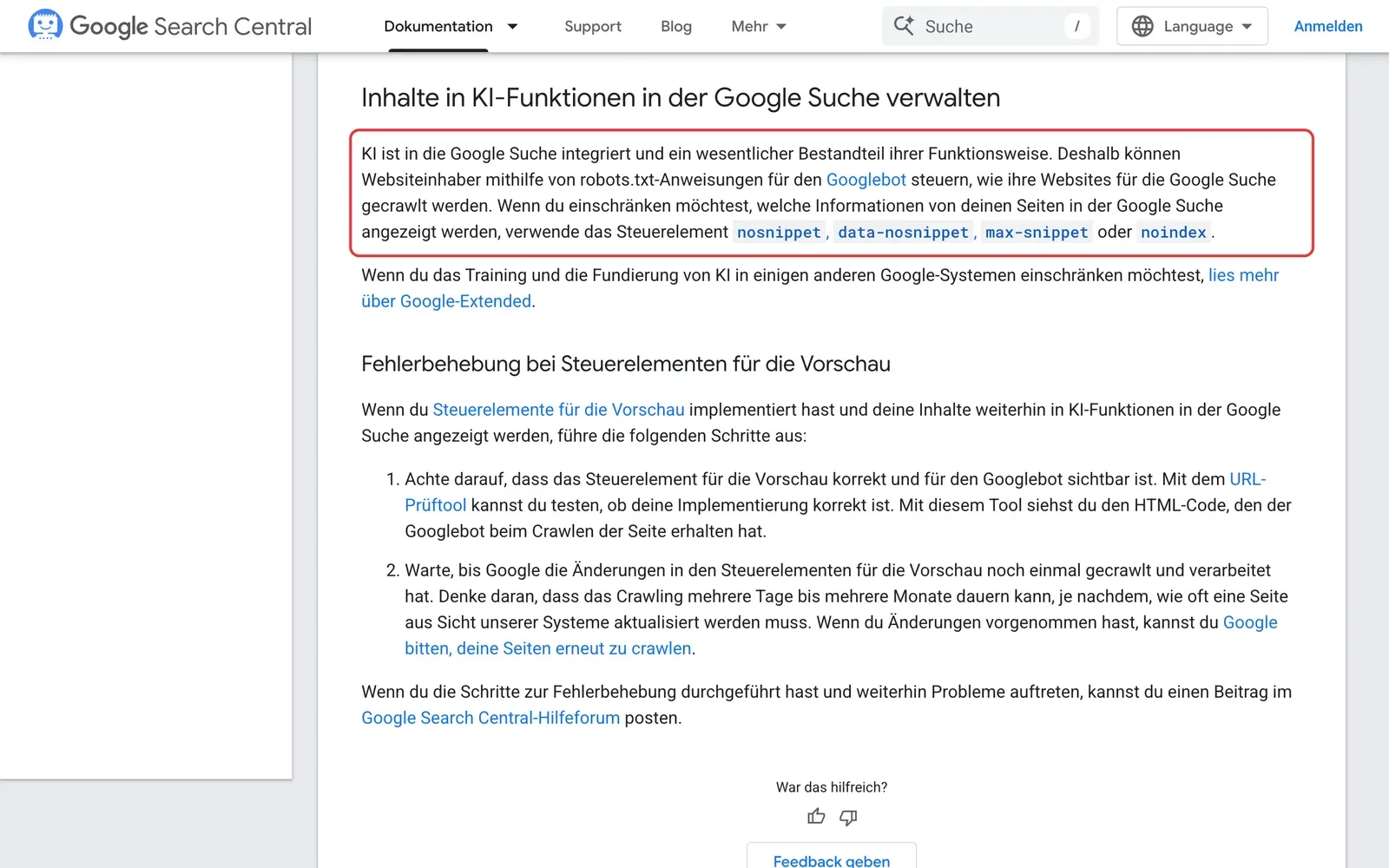 Google Search Central zu KI-Funktionen in der Google Suche: der Absatz zu robots.txt-Anweisungen für den Googlebot und den Steuerelementen nosnippet, max-snippet und noindex ist rot umrahmt