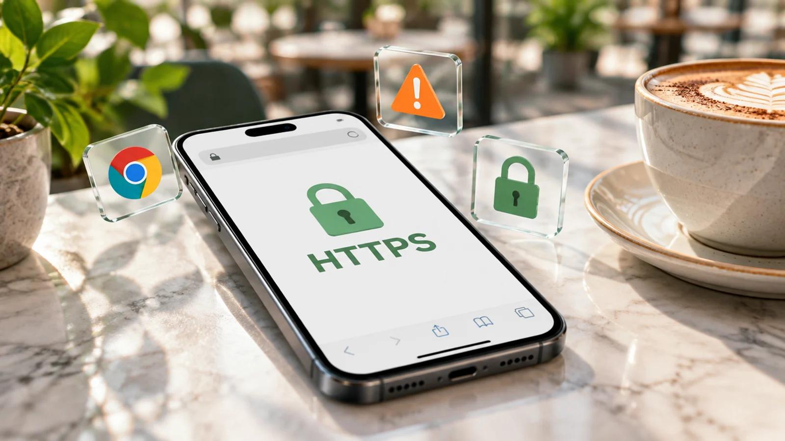 Smartphone auf einem Marmortisch im Café zeigt ein grünes Schloss und das Wort HTTPS, daneben Glaskarten mit Chrome-Logo, Warndreieck und Schloss