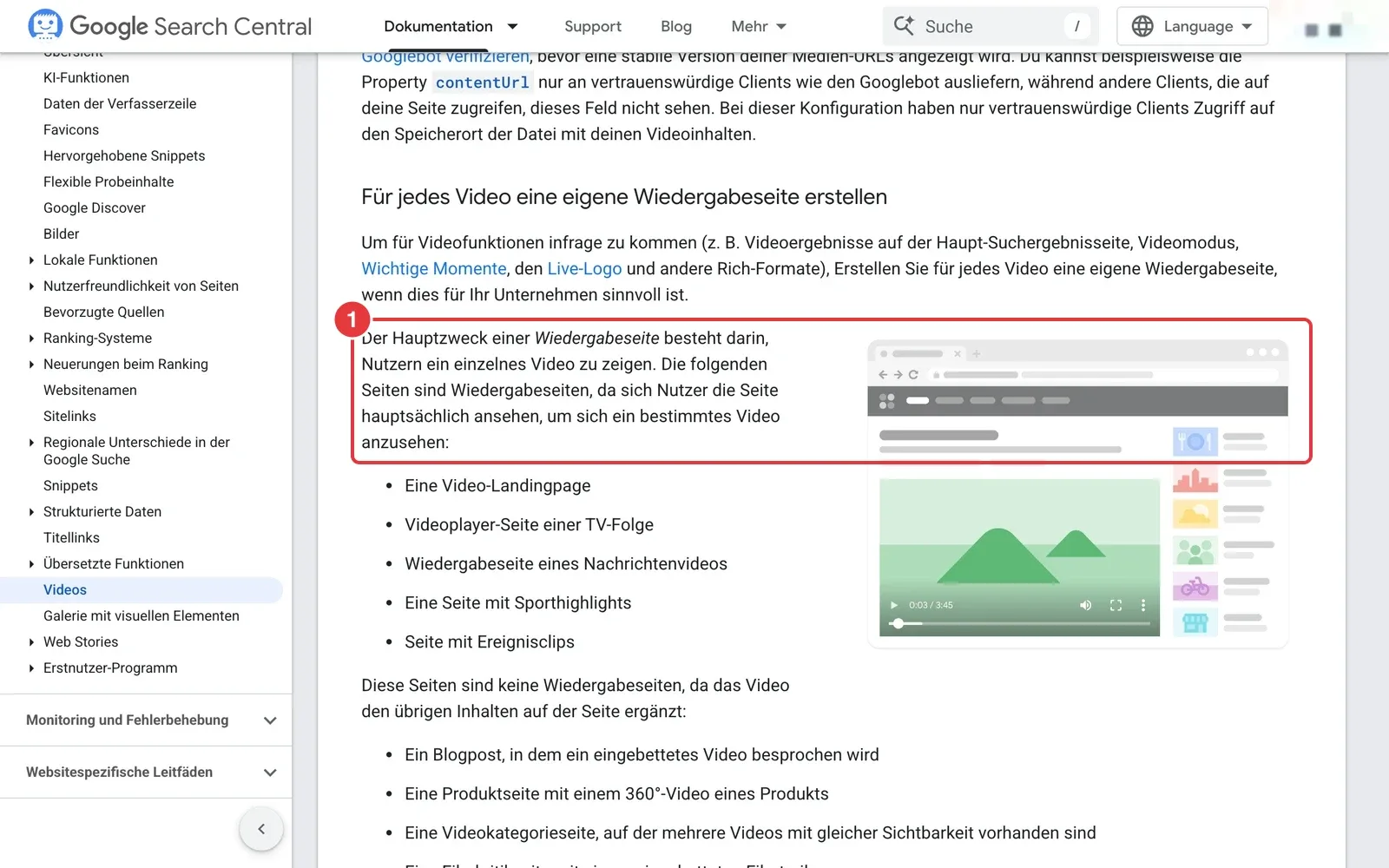 Google-Empfehlungen für Video-SEO mit markiertem Absatz zur eigenen Wiedergabeseite für jedes Video