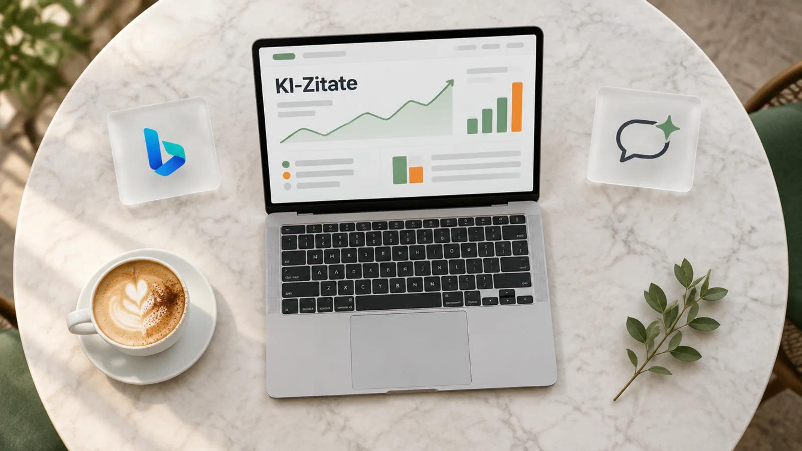 Laptop von oben auf einem Marmortisch im Café mit dem Wort KI-Zitate, daneben Glaskarten mit Bing-Logo und Sprechblase