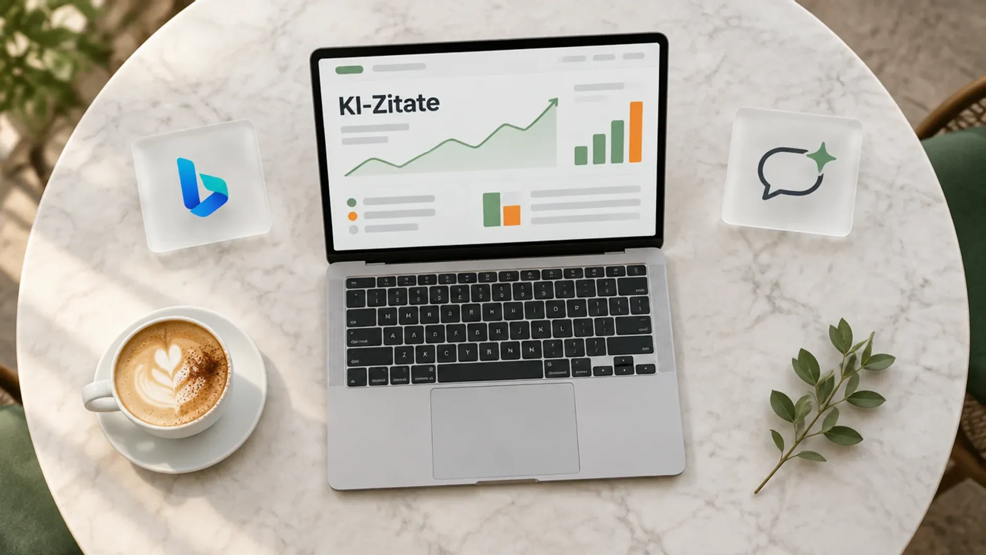 Laptop von oben auf einem Marmortisch im Café mit dem Wort KI-Zitate, daneben Glaskarten mit Bing-Logo und Sprechblase