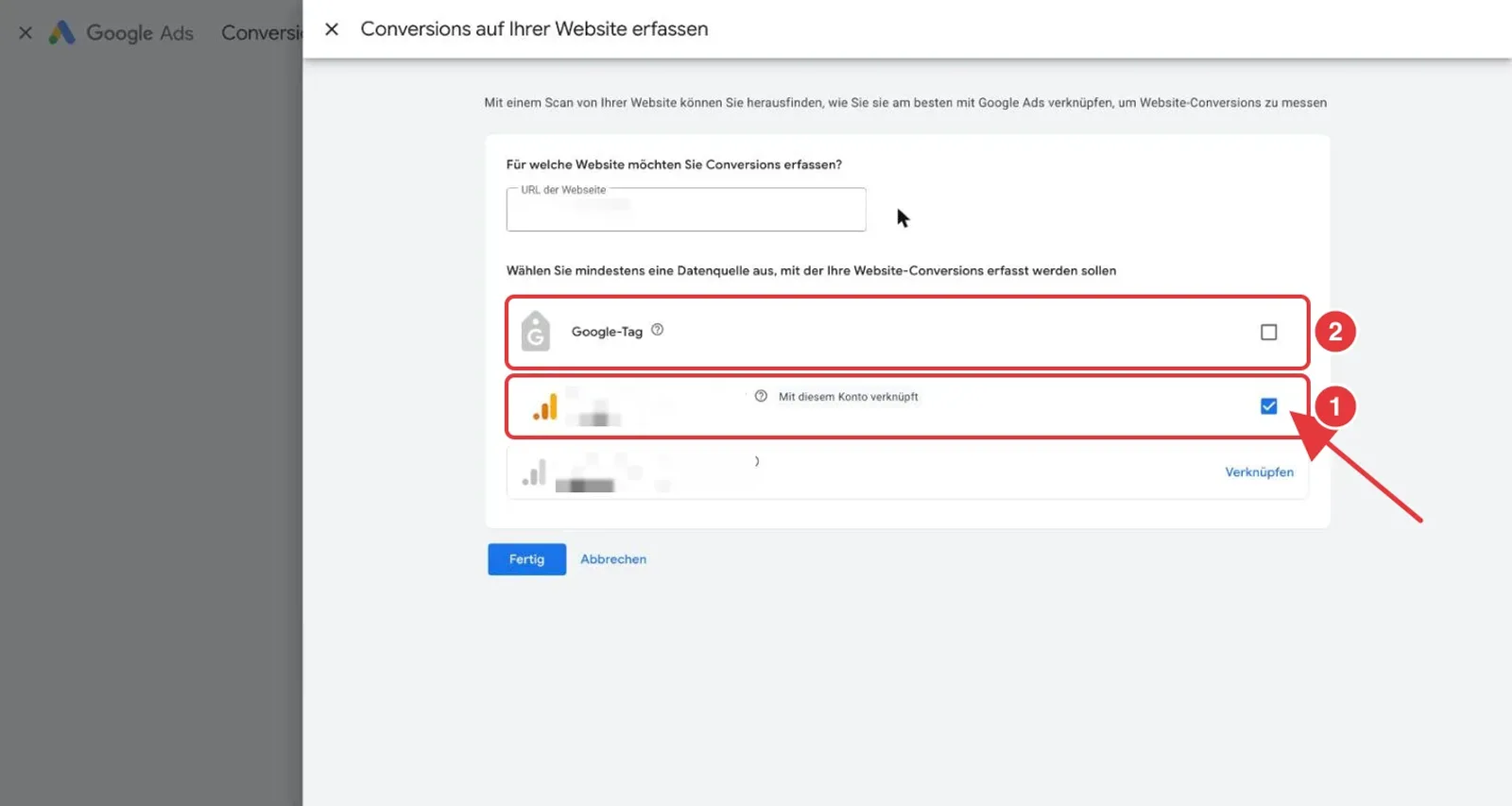 Google Ads Fenster Conversions auf Ihrer Website erfassen: die Optionen Google-Tag und verknüpfte Google-Analytics-Property sind rot markiert, das Häkchen bei der Analytics-Property ist gesetzt