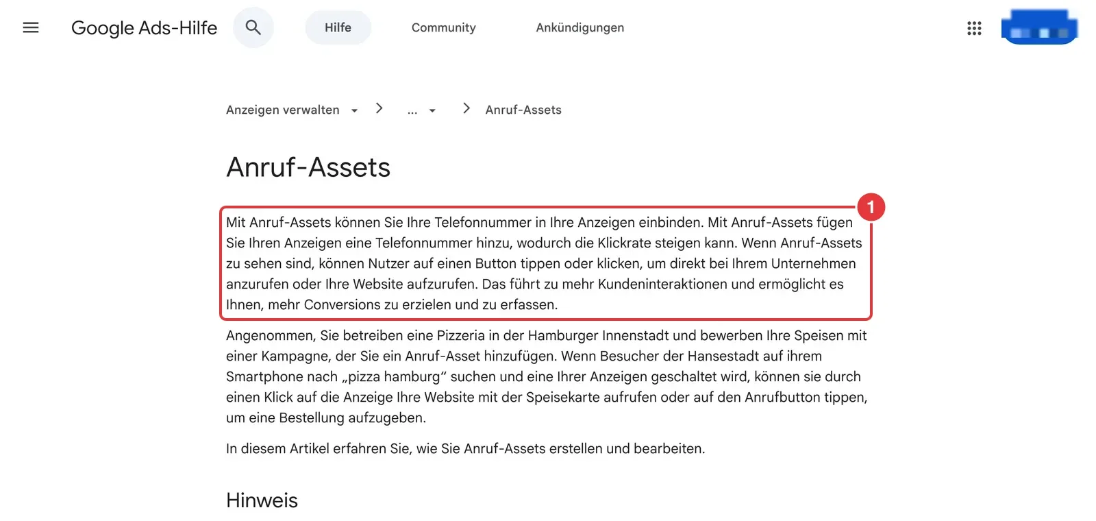 Google-Ads-Hilfe zu Anruf-Assets mit markierter Erklärung, wie die Telefonnummer in Anzeigen eingebunden wird