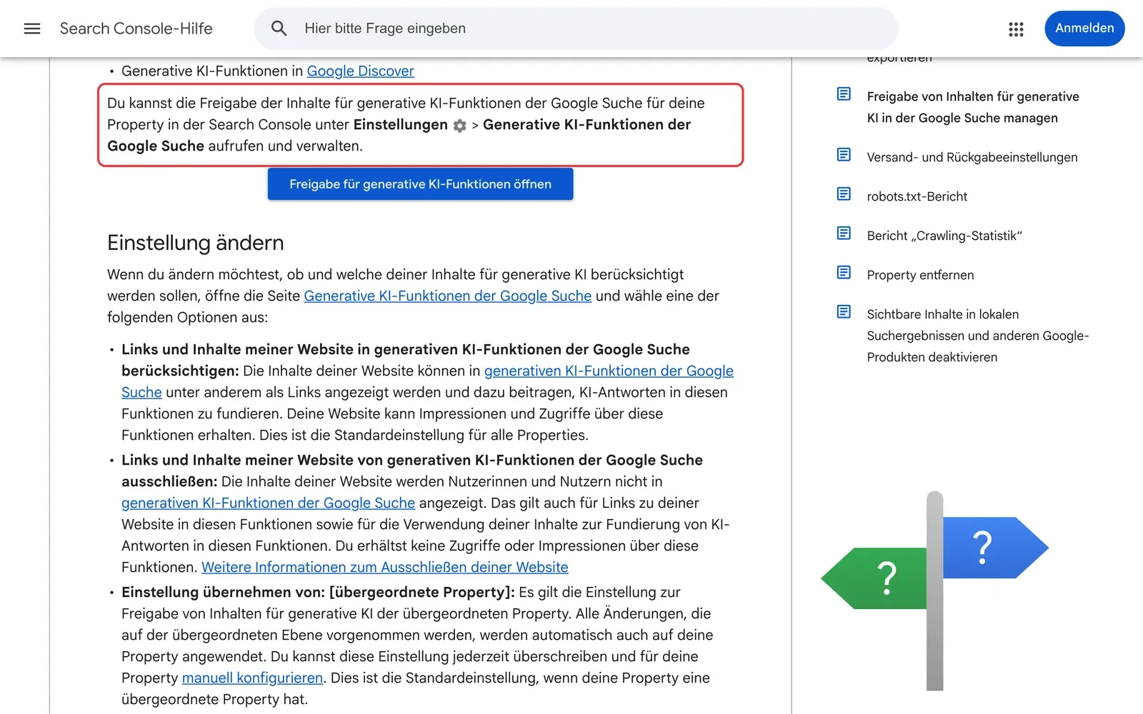 Search Console-Hilfe mit dem rot umrahmten Weg zur Einstellung Generative KI-Funktionen der Google Suche, darunter die drei Optionen