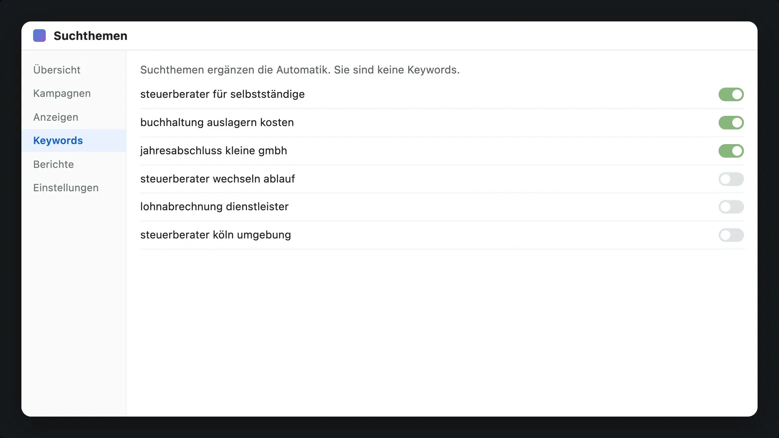 Bildschirm mit einer Liste kurzer Suchthemen, jede Zeile mit einem Schalter