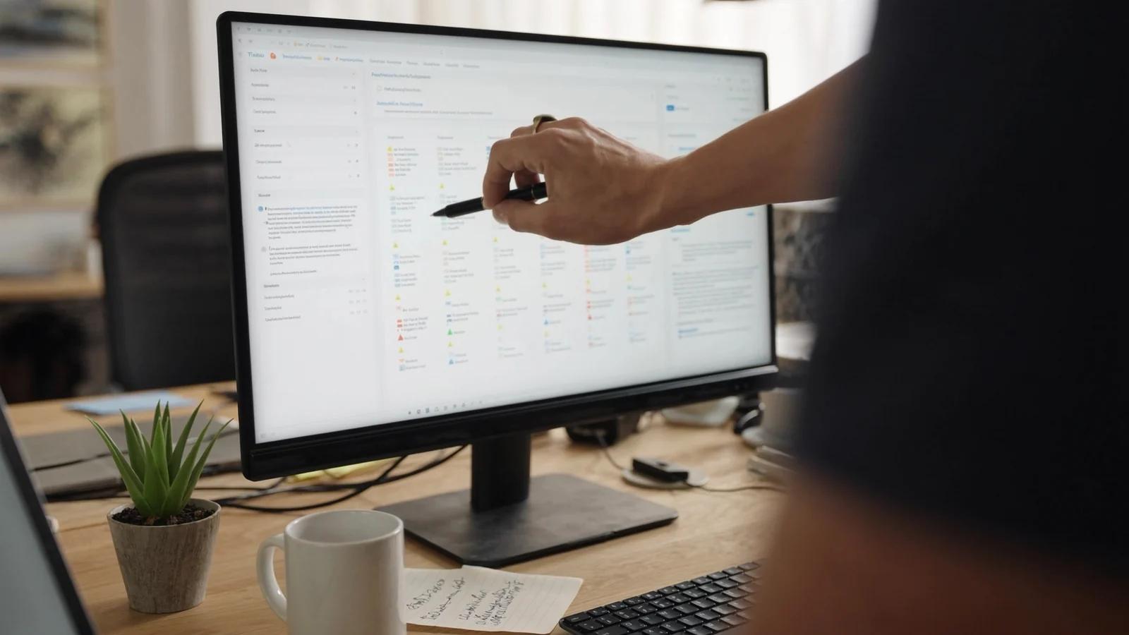 Frau geht am Monitor eine Liste technischer Fehler aus einem Website-Audit durch