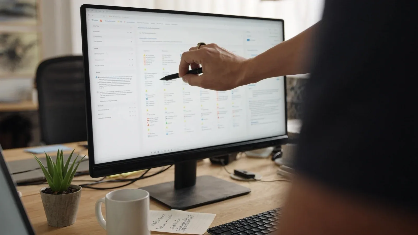 Frau geht am Monitor eine Liste technischer Fehler aus einem Website-Audit durch