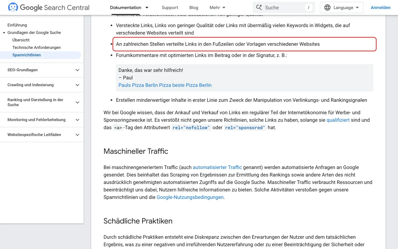 Google-Spamrichtlinien: der Punkt zu Links in Fußzeilen oder Vorlagen verschiedener Websites ist rot umrahmt