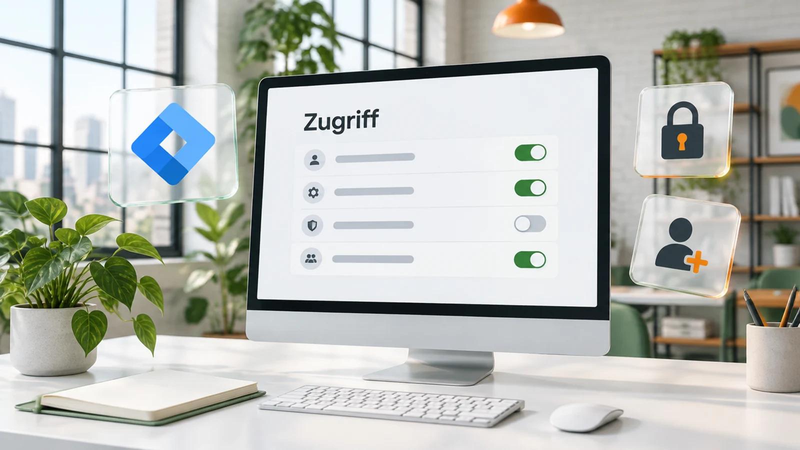 Großer Monitor in einem hellen Loft mit dem Wort Zugriff und dem Logo des Google Tag Manager auf einer Glaskarte