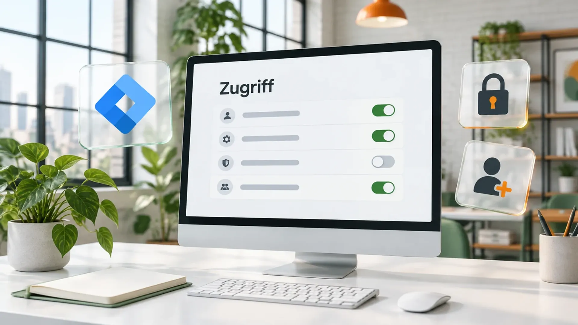 Großer Monitor in einem hellen Loft mit dem Wort Zugriff und dem Logo des Google Tag Manager auf einer Glaskarte