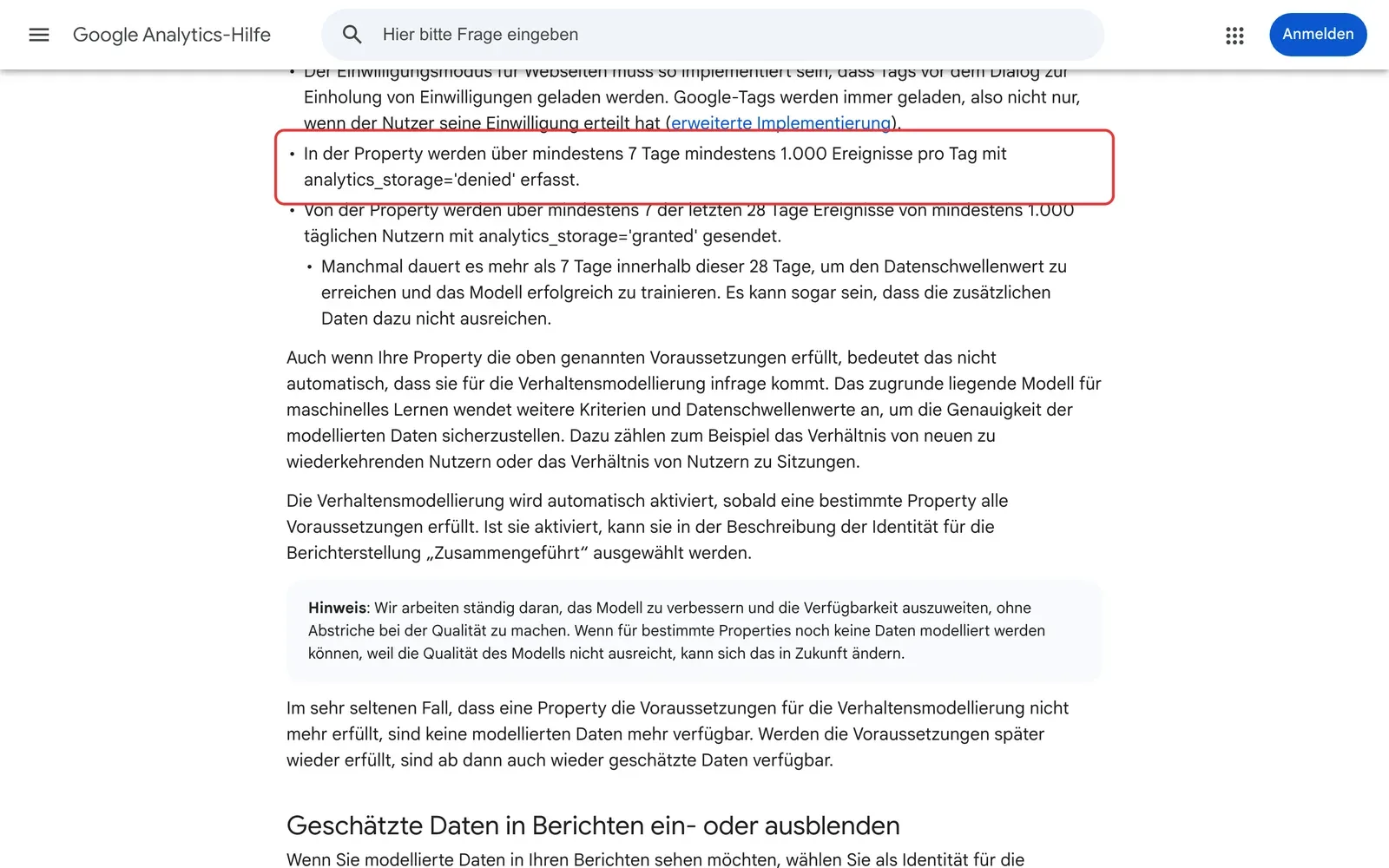 Google Analytics-Hilfe zur Verhaltensmodellierung, rot markiert die Voraussetzung von 1.000 Ereignissen pro Tag