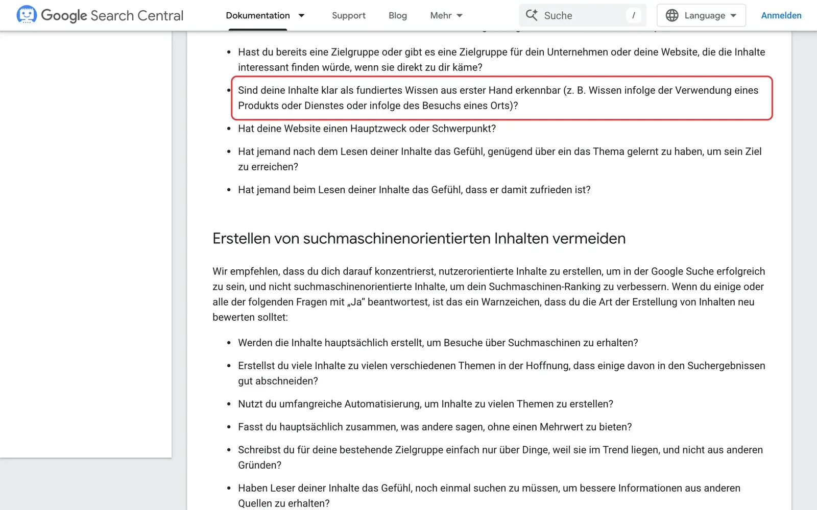 Google Search Central, Fragen zur Selbsteinschätzung: die Frage, ob Inhalte klar als fundiertes Wissen aus erster Hand erkennbar sind, ist rot umrahmt
