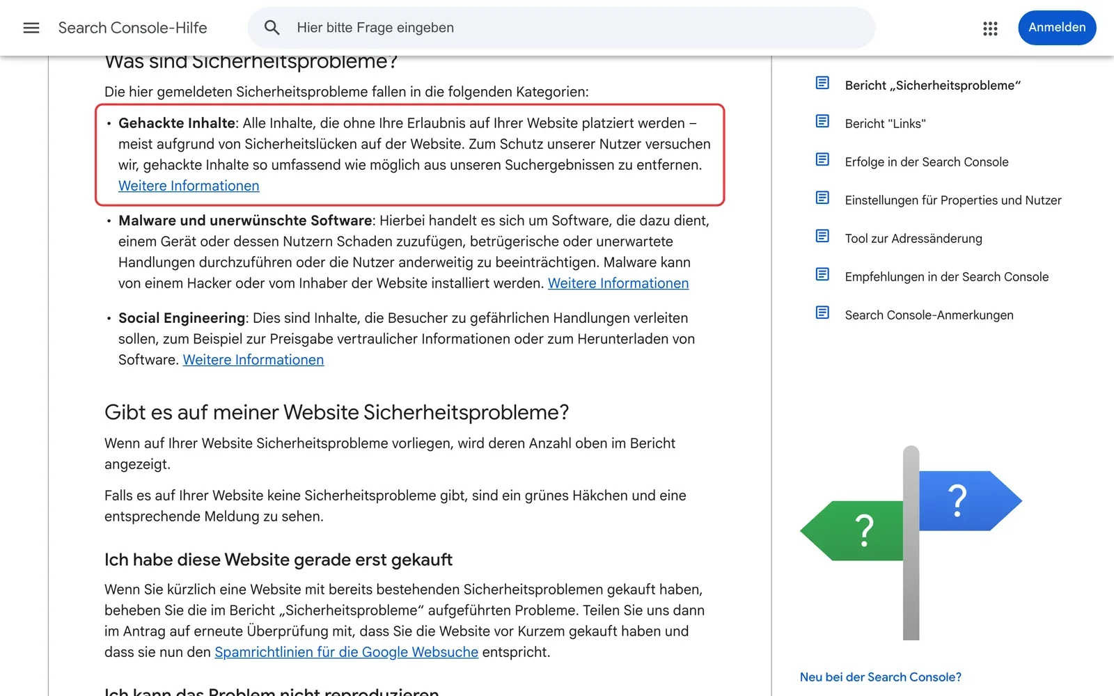 Search Console-Hilfe zum Bericht Sicherheitsprobleme: Die Erklärung zu gehackten Inhalten ist rot umrahmt