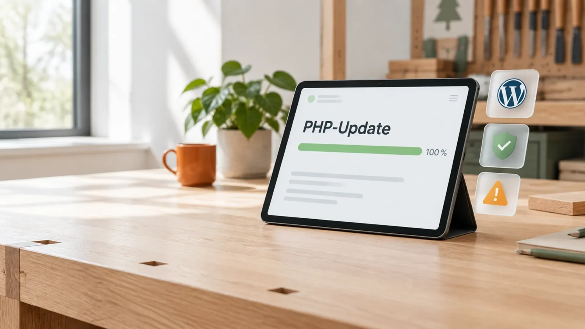 Tablet auf einer Werkbank aus Holz zeigt das Wort PHP-Update mit vollem Fortschrittsbalken, daneben Glaskacheln mit WordPress-Logo, Schild und Warnzeichen