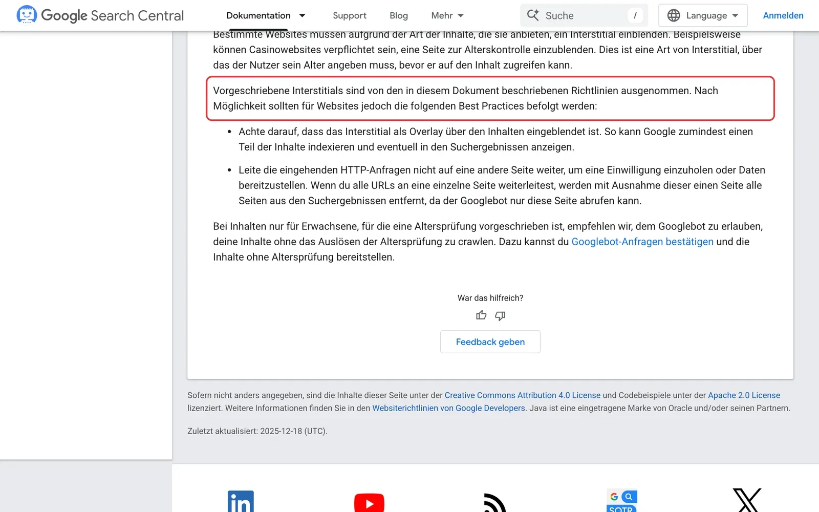 Google Search Central, Störende Interstitials vermeiden: der Satz, dass vorgeschriebene Interstitials von den Richtlinien ausgenommen sind, ist rot umrahmt, darunter die Empfehlungen zu Overlay und keiner Weiterleitung