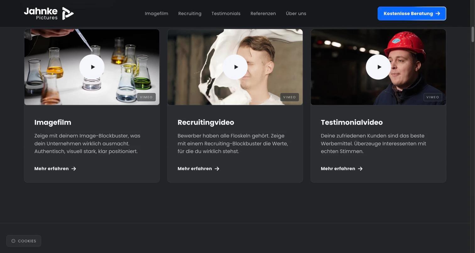 Jahnke Pictures Website: die drei Leistungen Imagefilm, Recruitingvideo und Testimonialvideo als Karten mit Videovorschau