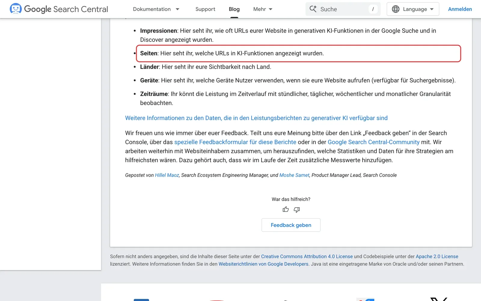Google Search Central Blog, Leistungsberichte für generative KI in der Search Console: der Punkt Seiten, welche URLs in KI-Funktionen angezeigt wurden, ist rot umrahmt