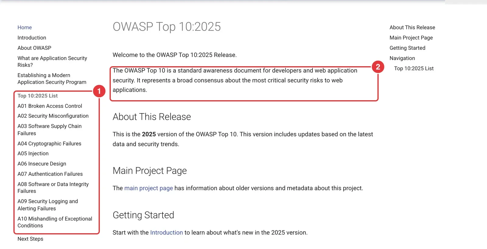 Startseite der OWASP Top 10 aus dem Jahr 2025 mit markierter Liste der zehn Risiken und der Beschreibung des Dokuments