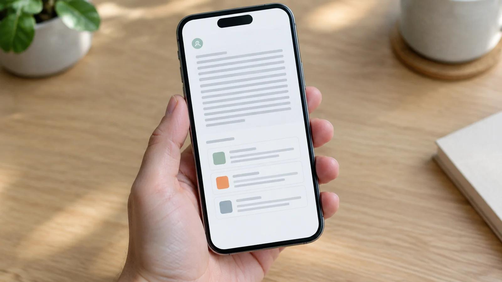 Hand hält ein Smartphone mit einer KI-Antwort und drei verlinkten Quellen darunter