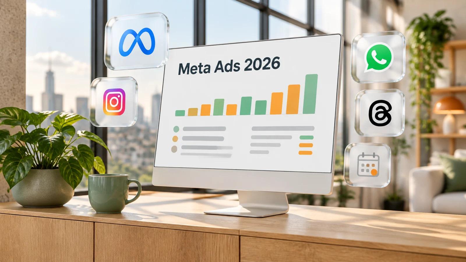 Monitor in einem hellen Loft mit der Überschrift Meta Ads 2026, umgeben von Glaskarten mit den Logos von Meta, Instagram, WhatsApp und Threads