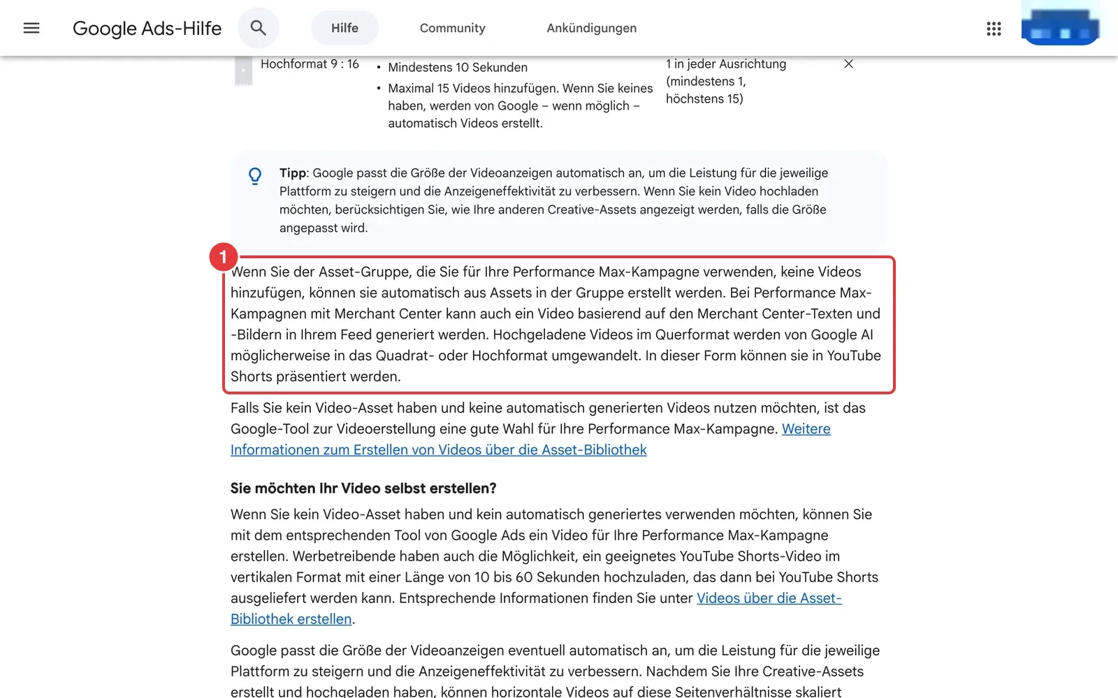 Google-Ads-Hilfe zu Video-Assets in Performance Max mit markiertem Hinweis, dass ohne eigene Videos automatisch Videos erstellt werden
