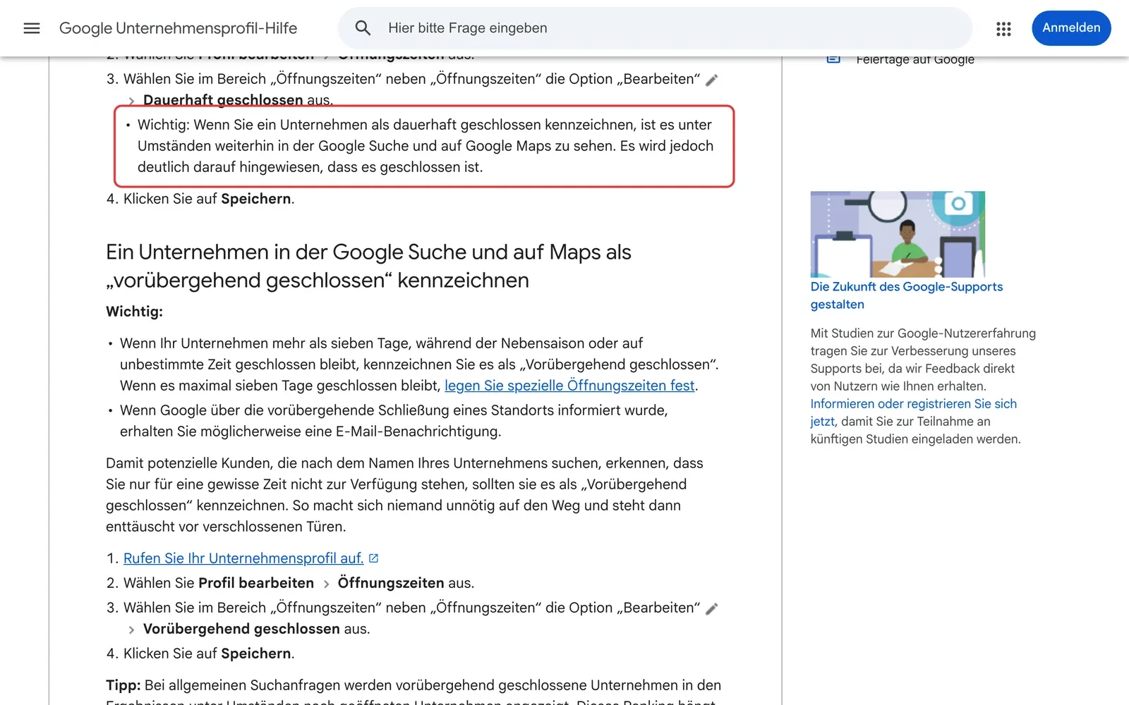 Google Unternehmensprofil-Hilfe zum Schließen eines Unternehmens: der Hinweis, dass ein dauerhaft geschlossenes Unternehmen unter Umständen weiter in Suche und Maps zu sehen ist, ist rot umrahmt