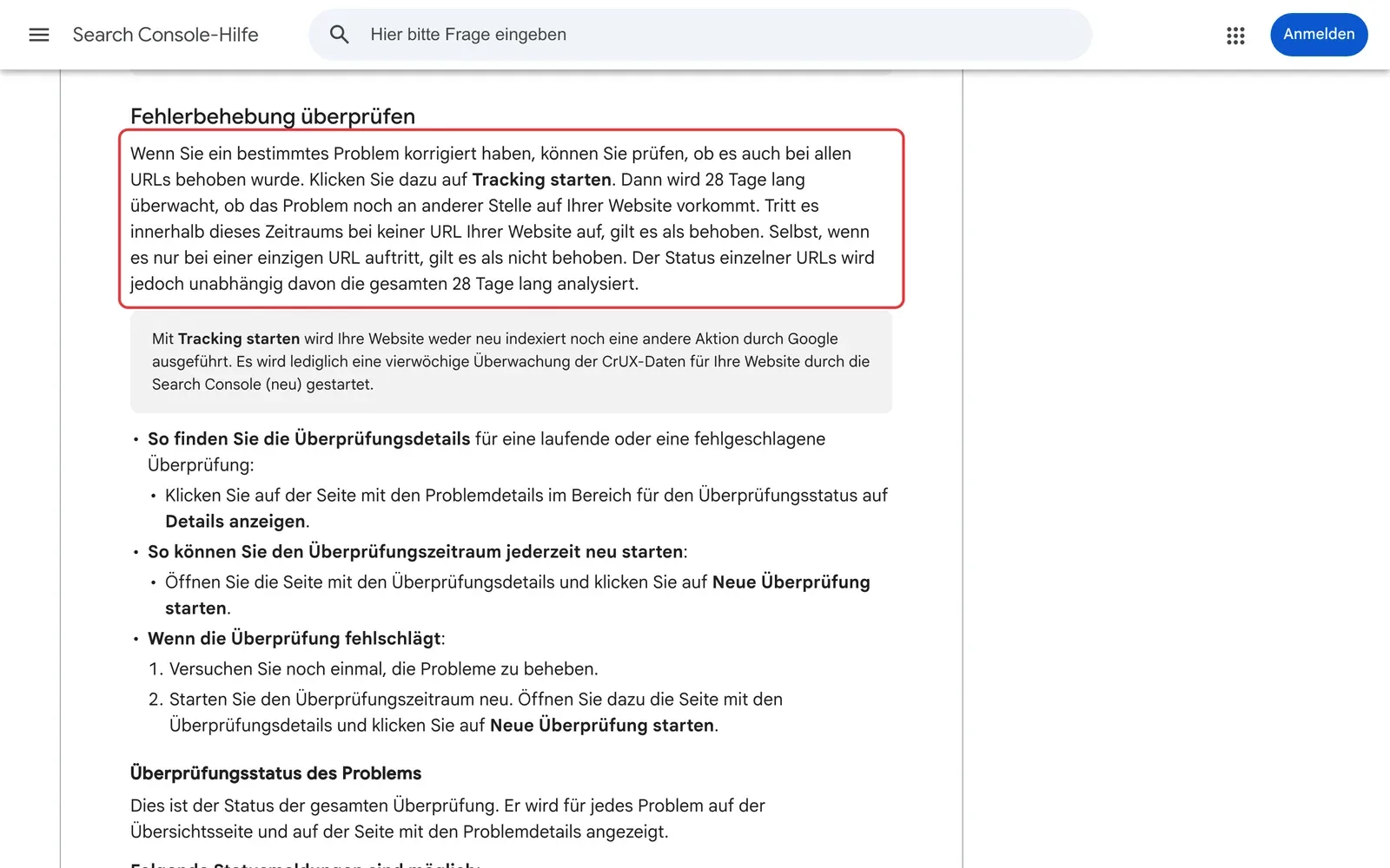 Search Console-Hilfe: Abschnitt Fehlerbehebung überprüfen mit der Überwachung über 28 Tage