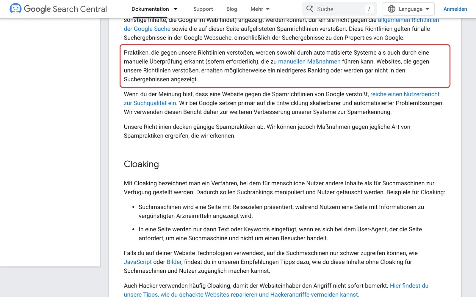 Google Spamrichtlinien mit markiertem Absatz: Verstöße werden automatisch und bei Bedarf manuell erkannt und können zu schlechterem Ranking führen
