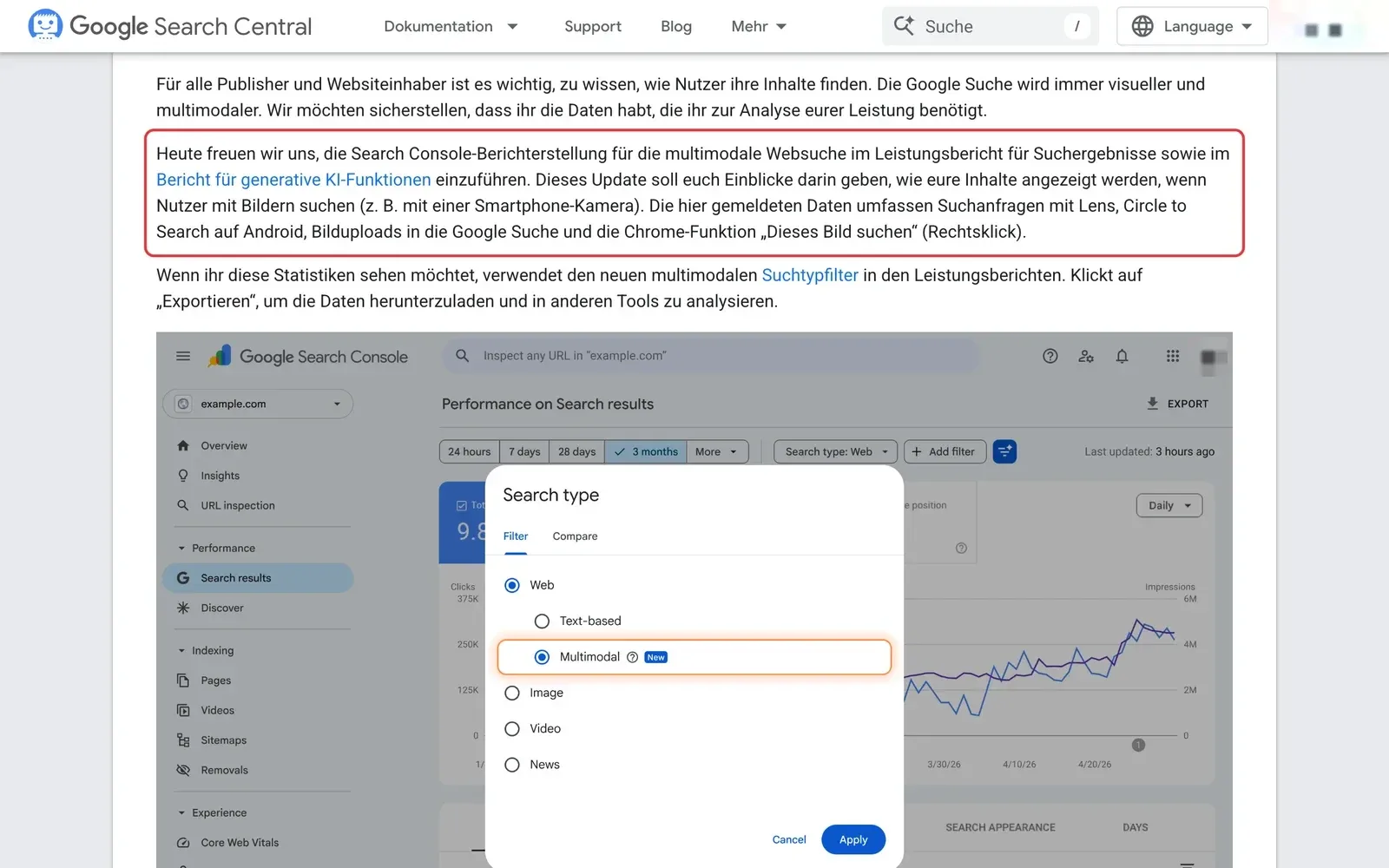 Search Central Blog zur multimodalen Suche mit markiertem Absatz zu Lens und Circle to Search und dem neuen Filter Multimodal in der Search Console