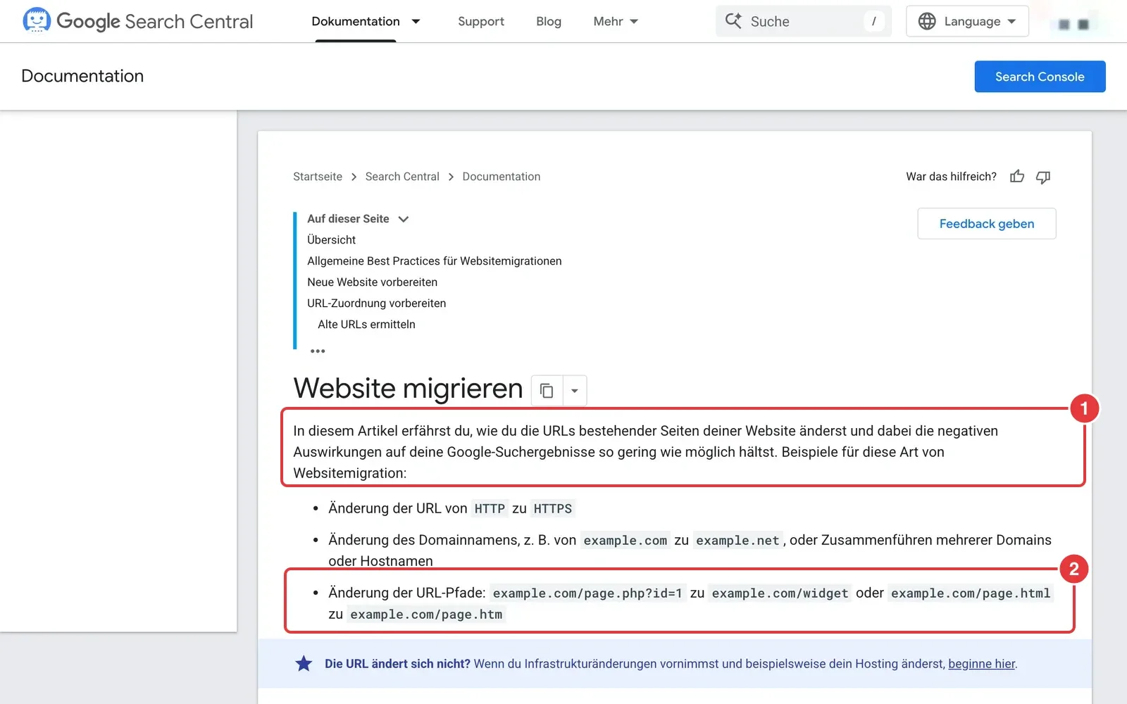 Google-Anleitung zum Migrieren einer Website mit markierter Einleitung und dem Beispiel geänderter URL-Pfade