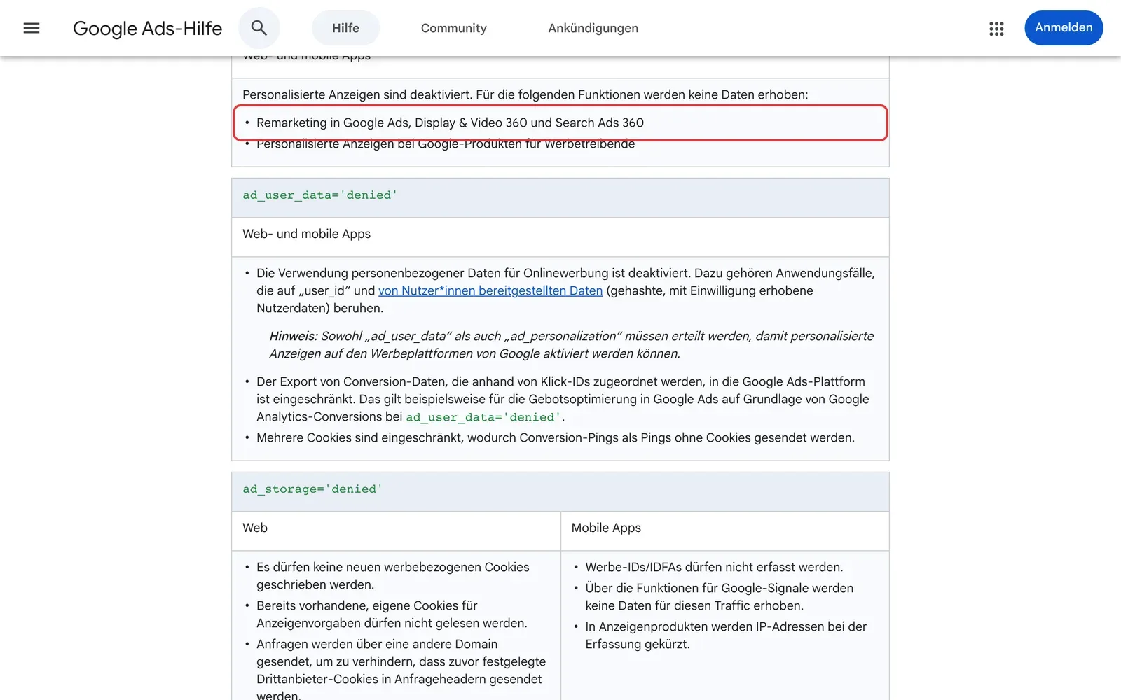 Tabelle in der Google Ads-Hilfe, rot markiert: Remarketing in Google Ads wird ohne Einwilligung nicht erhoben