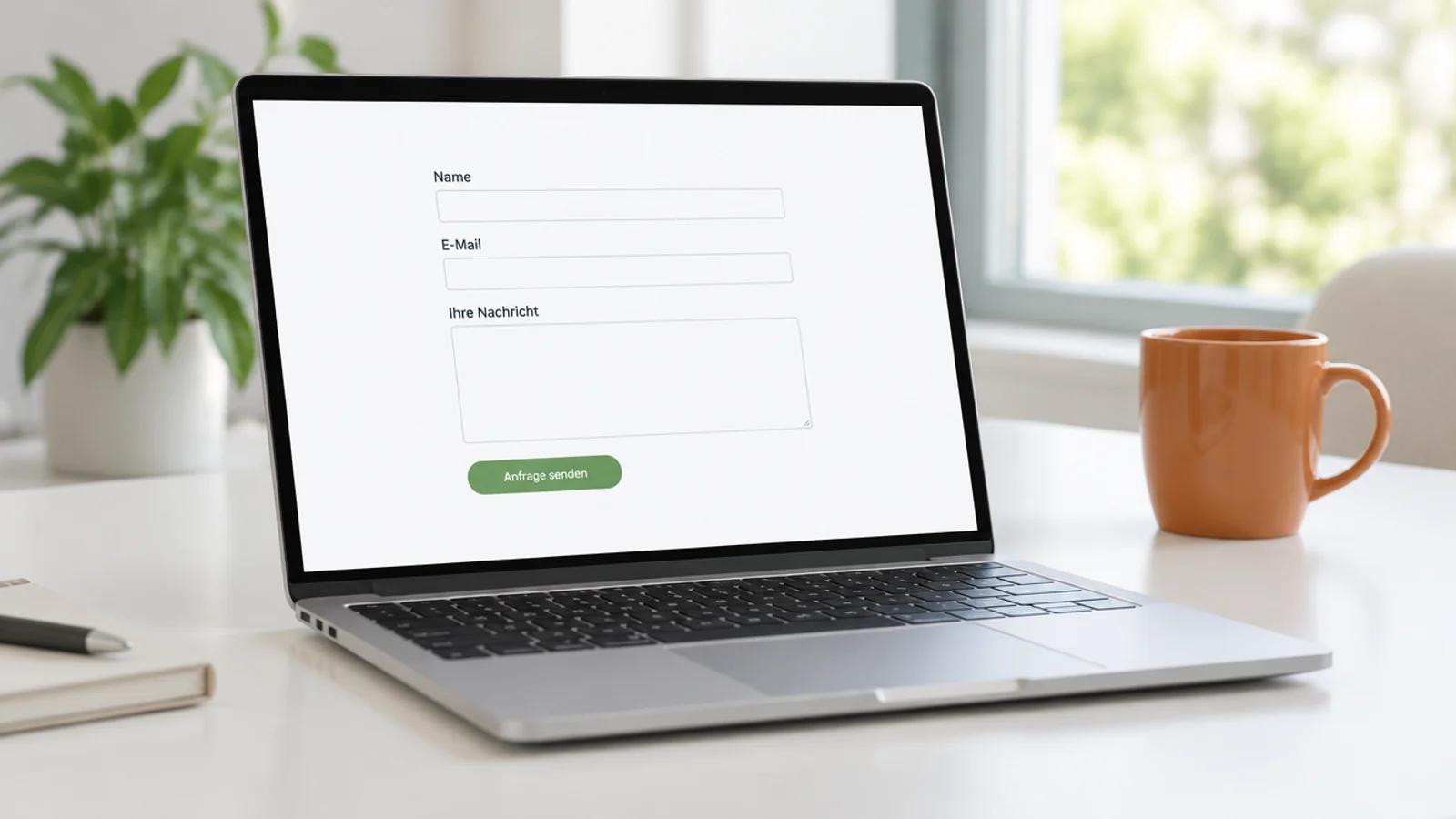 Laptop auf einem hellen Schreibtisch zeigt ein kurzes Kontaktformular mit Name, E-Mail, Nachricht und grünem Knopf Anfrage senden