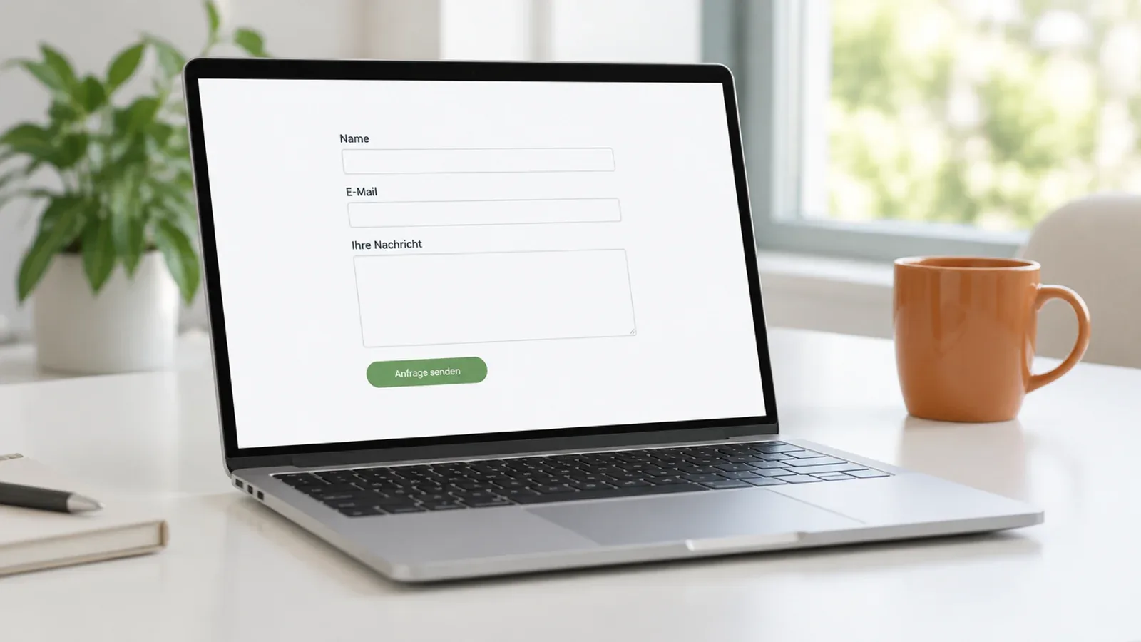 Laptop auf einem hellen Schreibtisch zeigt ein kurzes Kontaktformular mit Name, E-Mail, Nachricht und grünem Knopf Anfrage senden