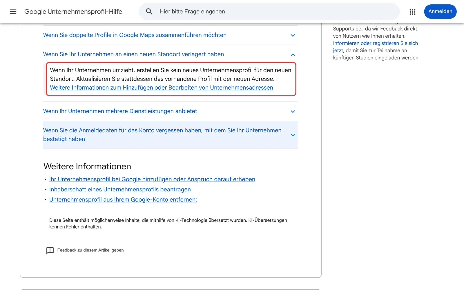 Google Unternehmensprofil-Hilfe zu doppelten Profilen: aufgeklappter Abschnitt zum Umzug, der Satz „erstellen Sie kein neues Unternehmensprofil für den neuen Standort“ ist rot umrahmt