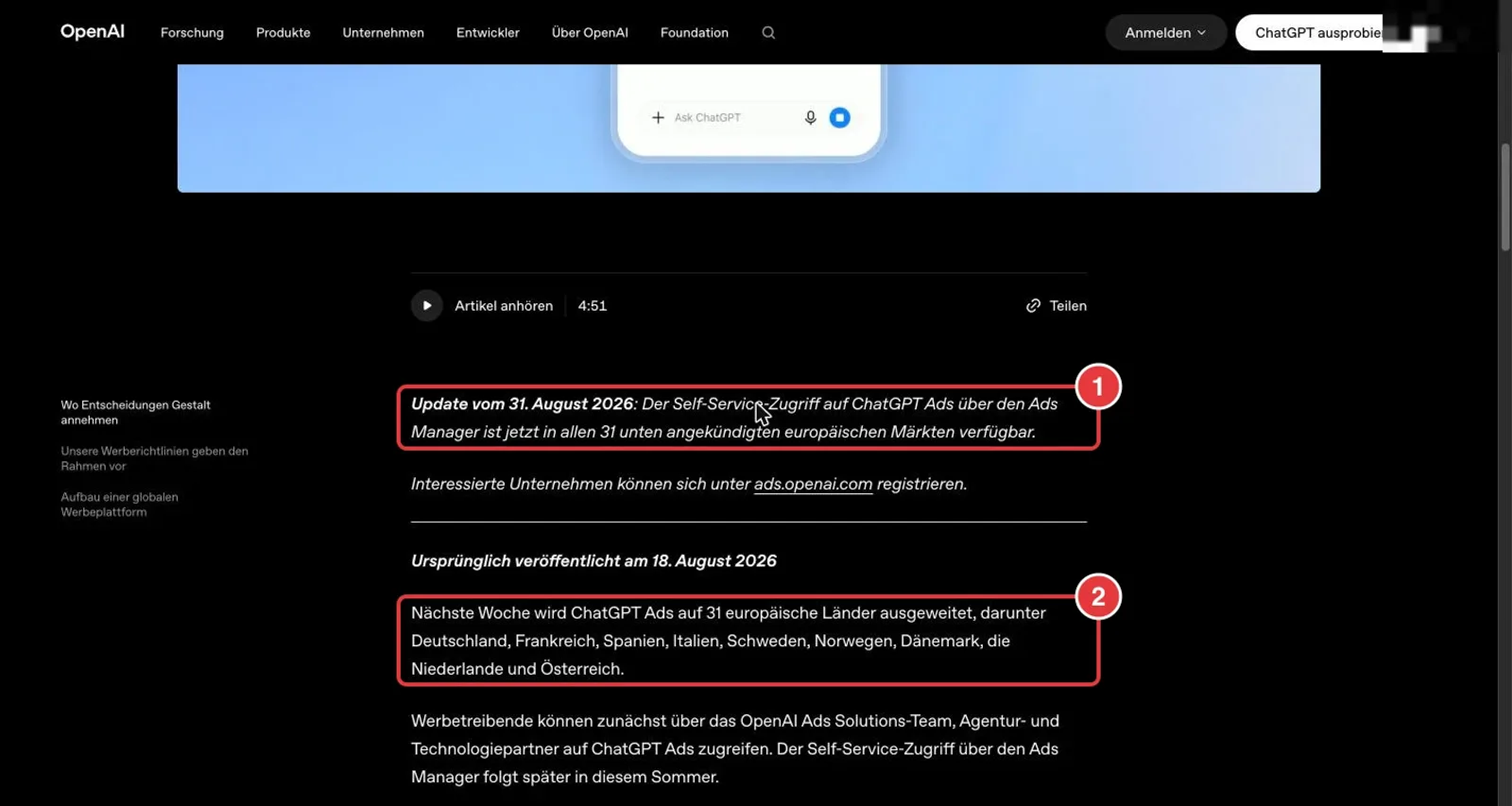 OpenAI-Ankündigung ChatGPT Ads in Europa mit markiertem Update vom 31. August 2026 zum Self-Service und markierter Liste der Länder einschließlich Deutschland