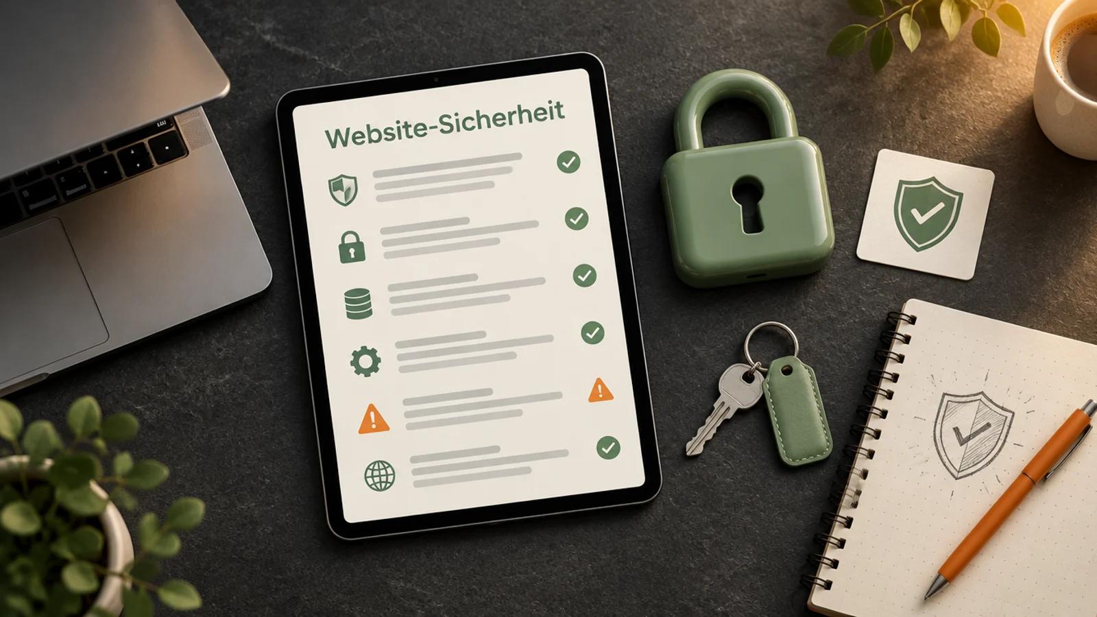 Tablet mit Sicherheits-Checkliste auf dunklem Schreibtisch, daneben ein Vorhängeschloss und ein Schlüssel