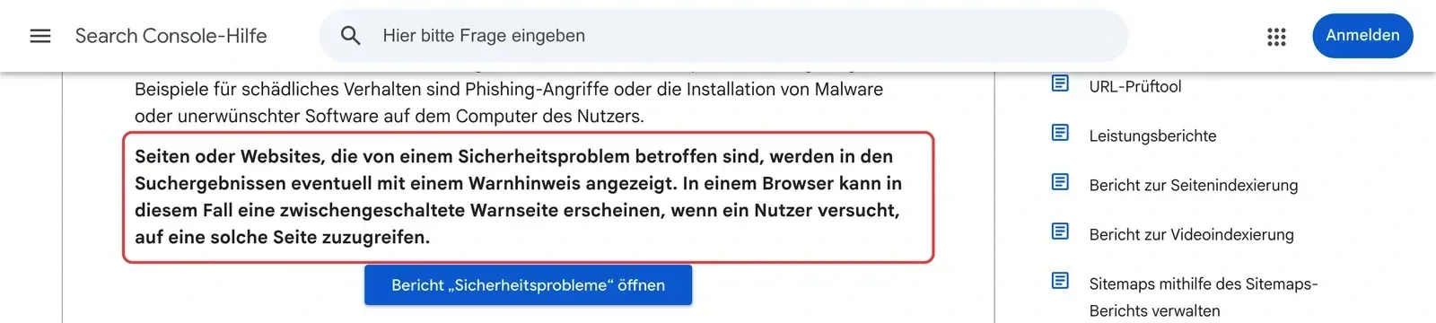 Search Console-Hilfe zum Bericht Sicherheitsprobleme: Der Absatz, dass betroffene Seiten in den Suchergebnissen mit Warnhinweis erscheinen können, ist rot umrahmt