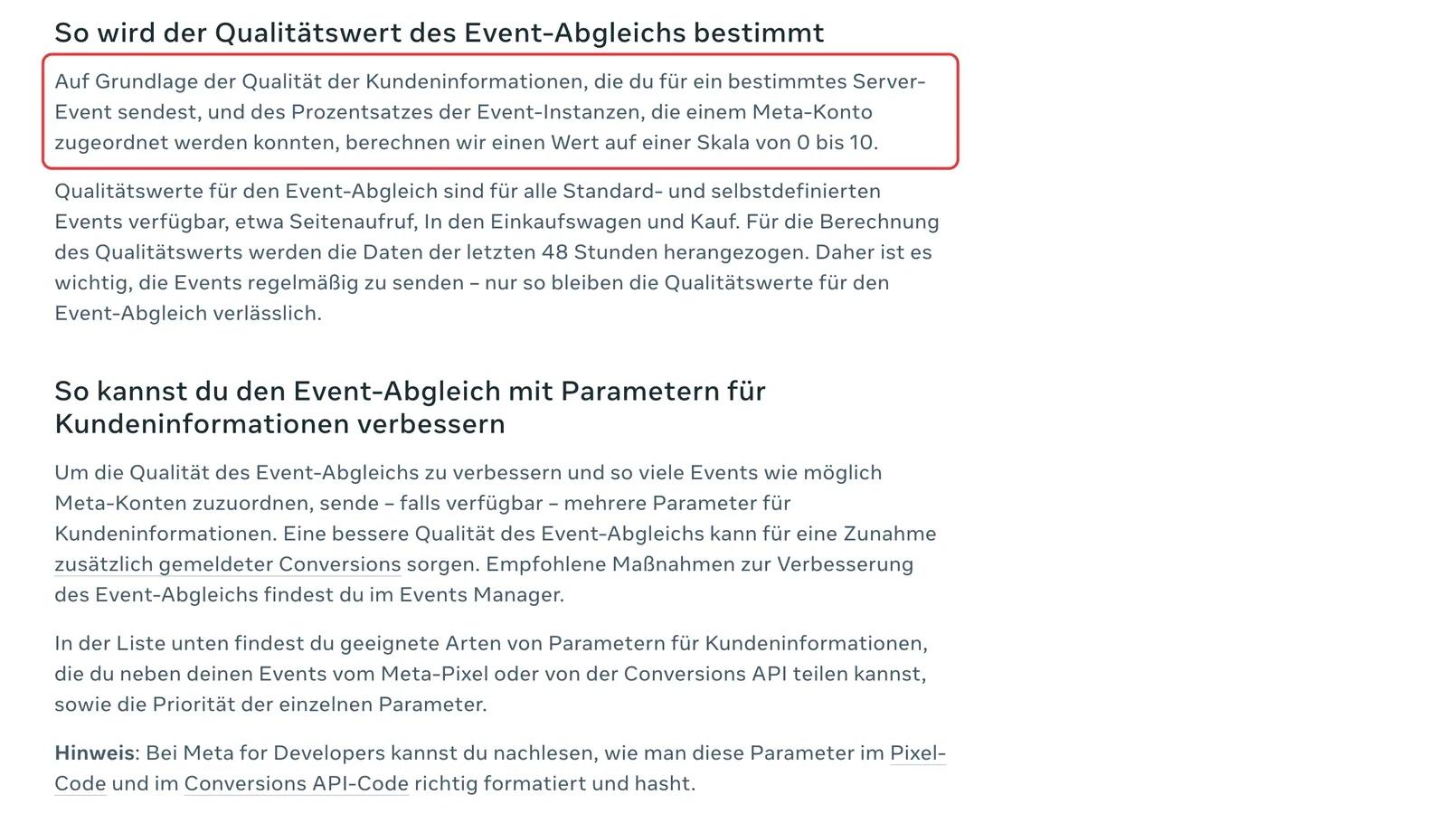 Meta-Hilfe: Der Qualitätswert des Event-Abgleichs wird auf einer Skala von 0 bis 10 berechnet