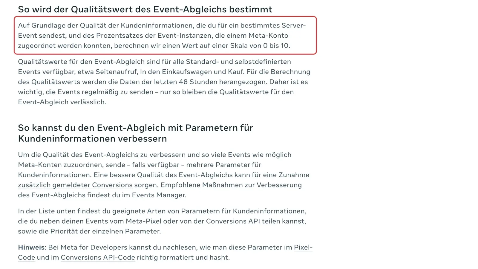 Meta-Hilfe: Der Qualitätswert des Event-Abgleichs wird auf einer Skala von 0 bis 10 berechnet