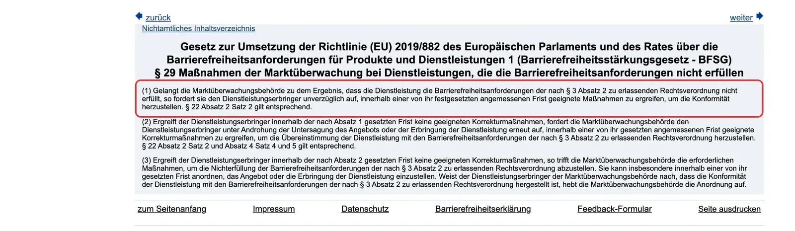 Paragraf 29 des Barrierefreiheitsstärkungsgesetzes mit markiertem Absatz 1 zur Frist für Korrekturen