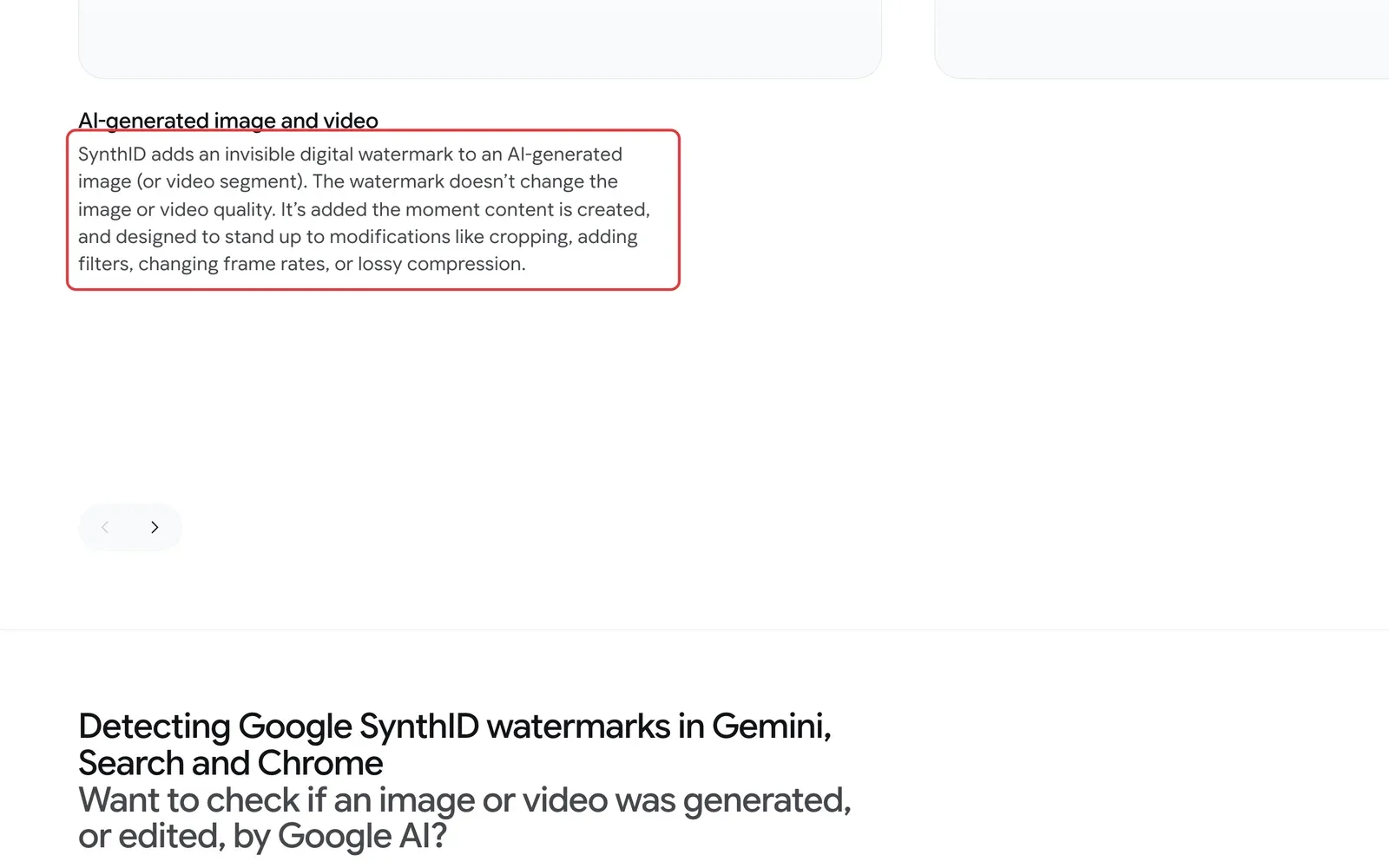 Seite von Google DeepMind zu SynthID mit markierter Erklärung des unsichtbaren Wasserzeichens für Bilder und Videos