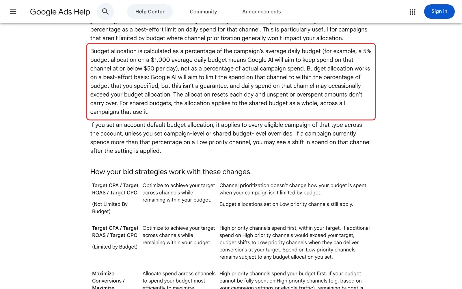 Google Ads-Hilfe: Absatz zur Budgetverteilung mit dem Rechenbeispiel 5 Prozent und dem Hinweis, dass es keine Garantie ist, rot umrahmt
