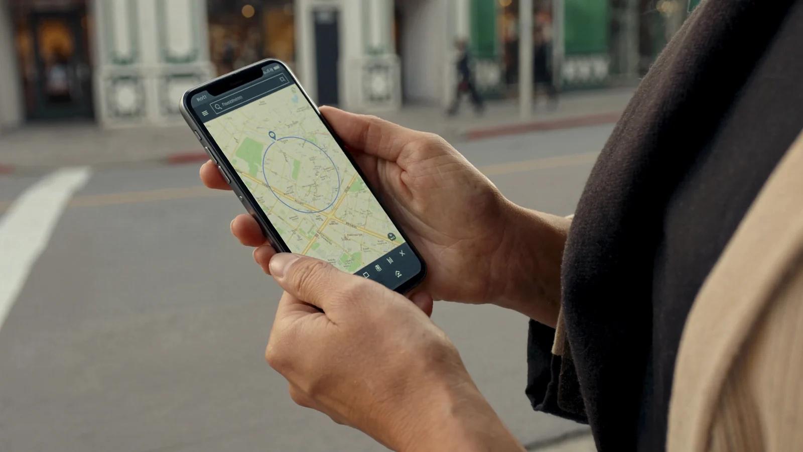 Hände halten ein Smartphone mit einer Karte und einem Standort-Pin
