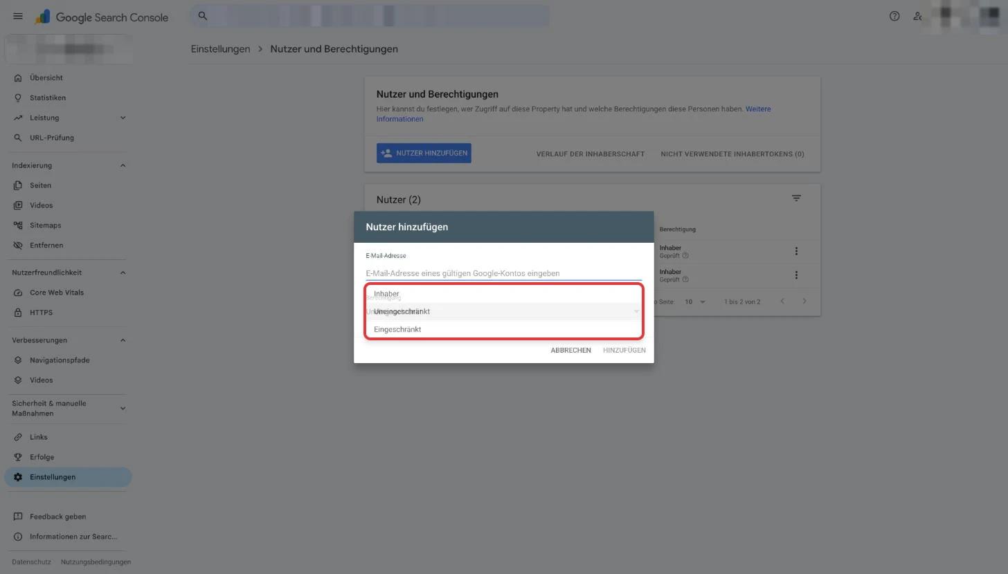 Geöffnete Auswahl der Berechtigung in der Search Console: Inhaber, Uneingeschränkt, Eingeschränkt
