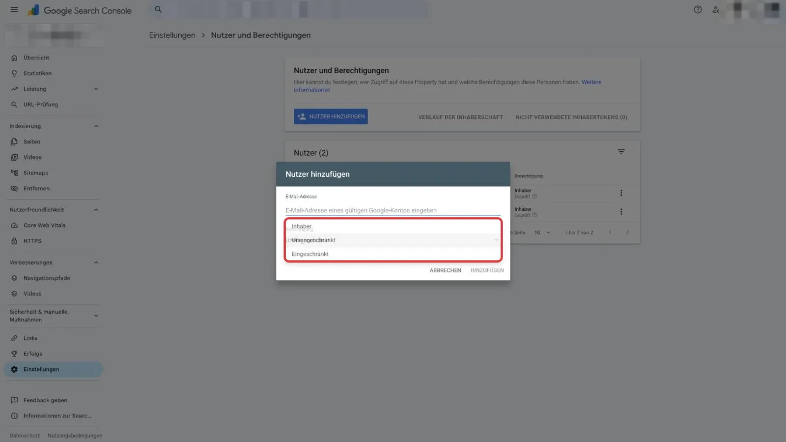 Geöffnete Auswahl der Berechtigung in der Search Console: Inhaber, Uneingeschränkt, Eingeschränkt