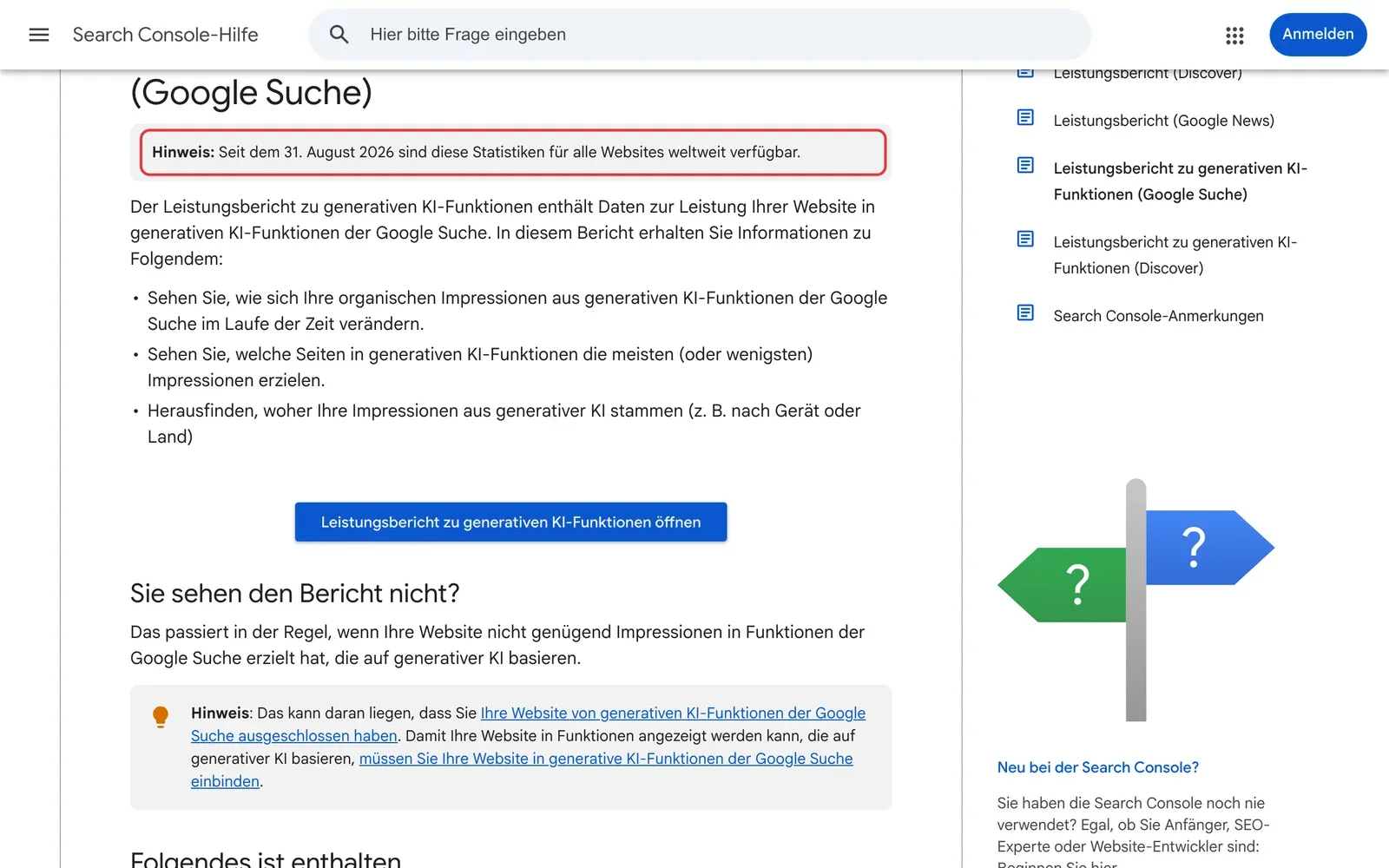 Search Console-Hilfe mit dem Hinweis, dass der Bericht zu generativen KI-Funktionen seit dem 31. August 2026 für alle Websites verfügbar ist