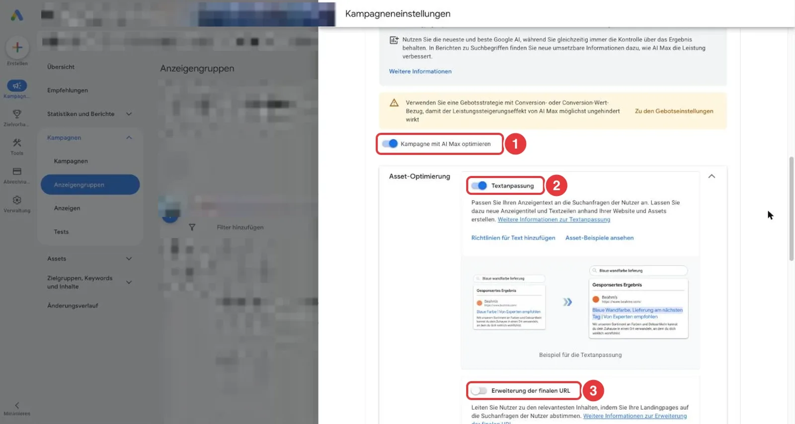 Google Ads AI Max Einstellungen: Hauptschalter, Textanpassung eingeschaltet und Erweiterung der finalen URL ausgeschaltet, Kontodaten verpixelt