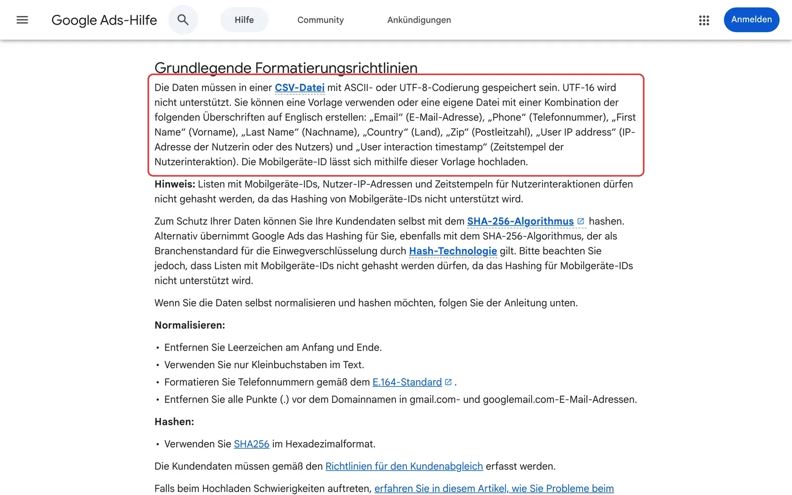 Google Ads-Hilfe mit den erlaubten Spaltenüberschriften für den Upload, darunter User IP address und User interaction timestamp
